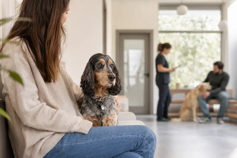 Ein Cocker Spaniel sitzt ruhig neben seinem Besitzer im hellen Wartezimmer einer Tierarztpraxis und vermittelt Vertrauen rund um die Hundegesundheit.